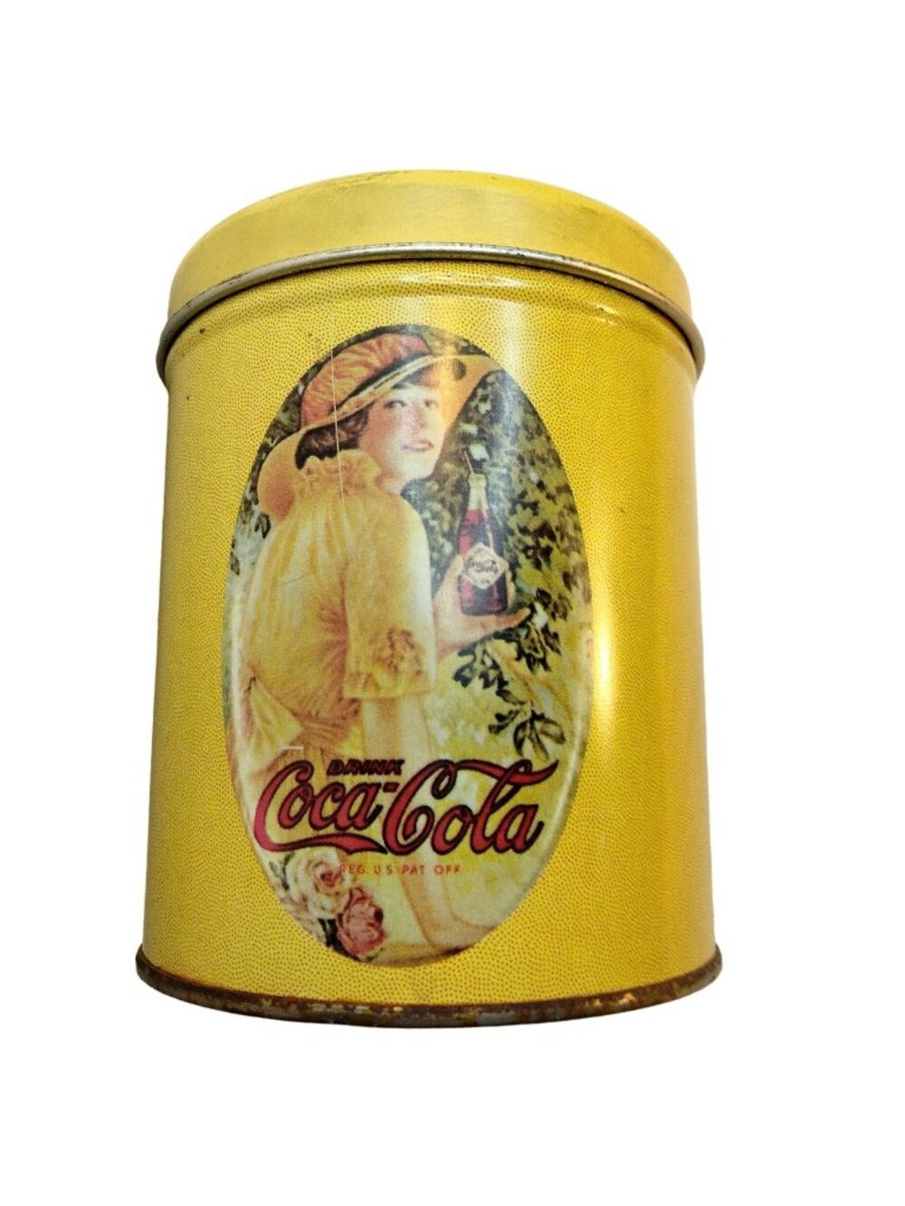 Vintage Coca Cola Tin Canister Yellow Lady Holding Coke Lidded Retro 1980s